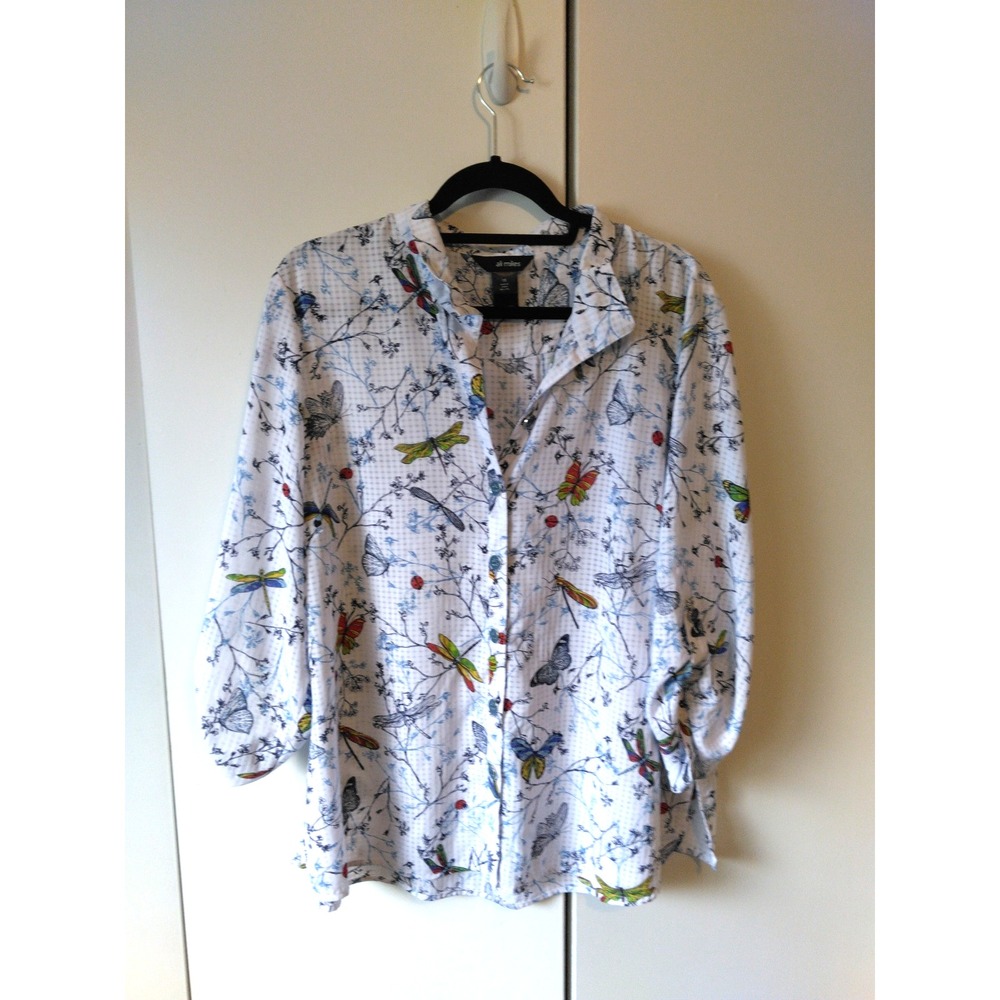 Ali Miles Floral Dragonfly Design  Tunic Shirt Size 1x Button Front Semi Sheer